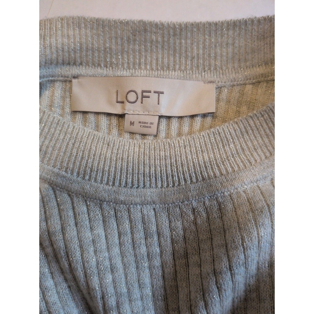LOFT Round Neck Sweater Ivory with Golden Threads Stretchy Lightweight Size M